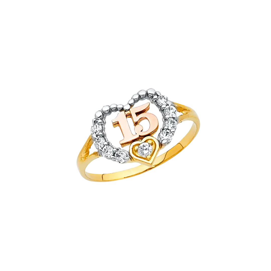 Quince Anos Heart with CZ Ring - 14k Tri Color Gold