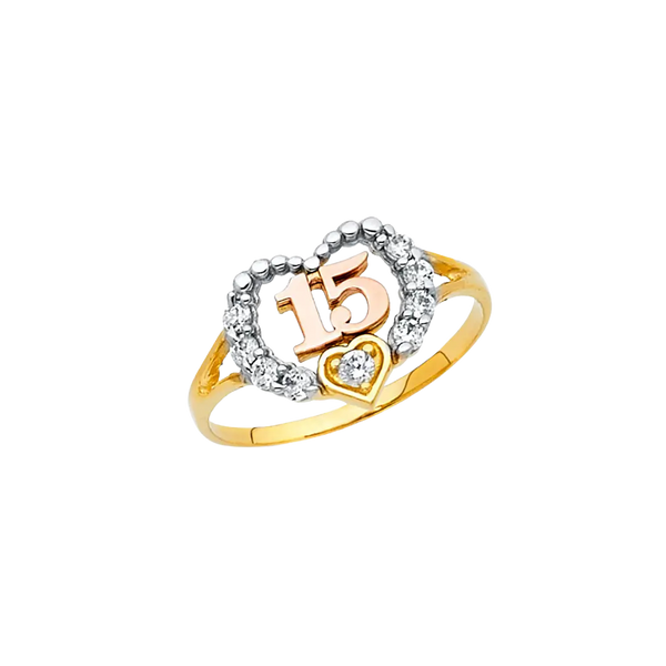 Quince Anos Heart with CZ Ring - 14k Tri Color Gold