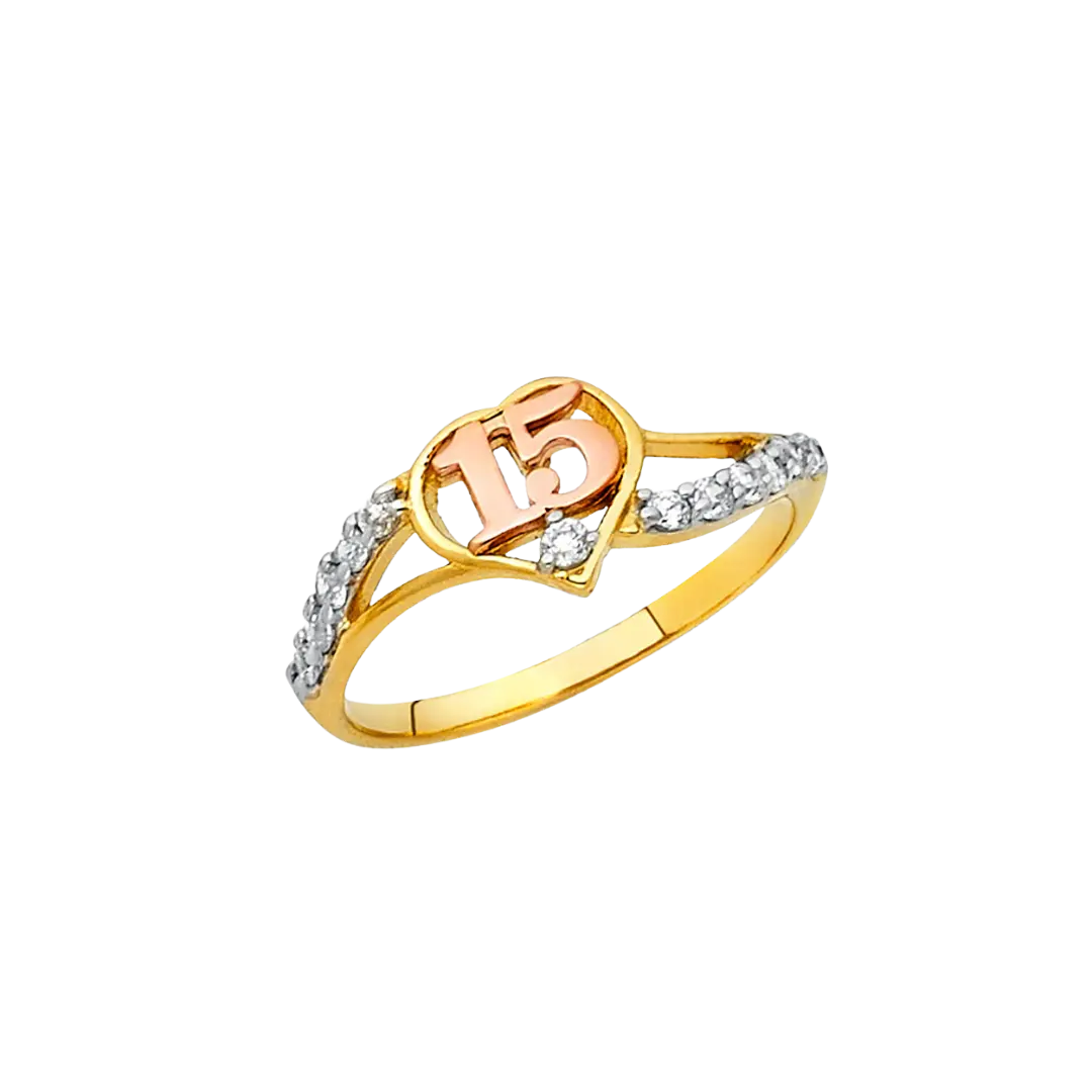 Quince Anos Heart with CZ Ring - 14k Tri Color Gold