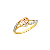 Quince Anos Heart with CZ Ring - 14k Tri Color Gold