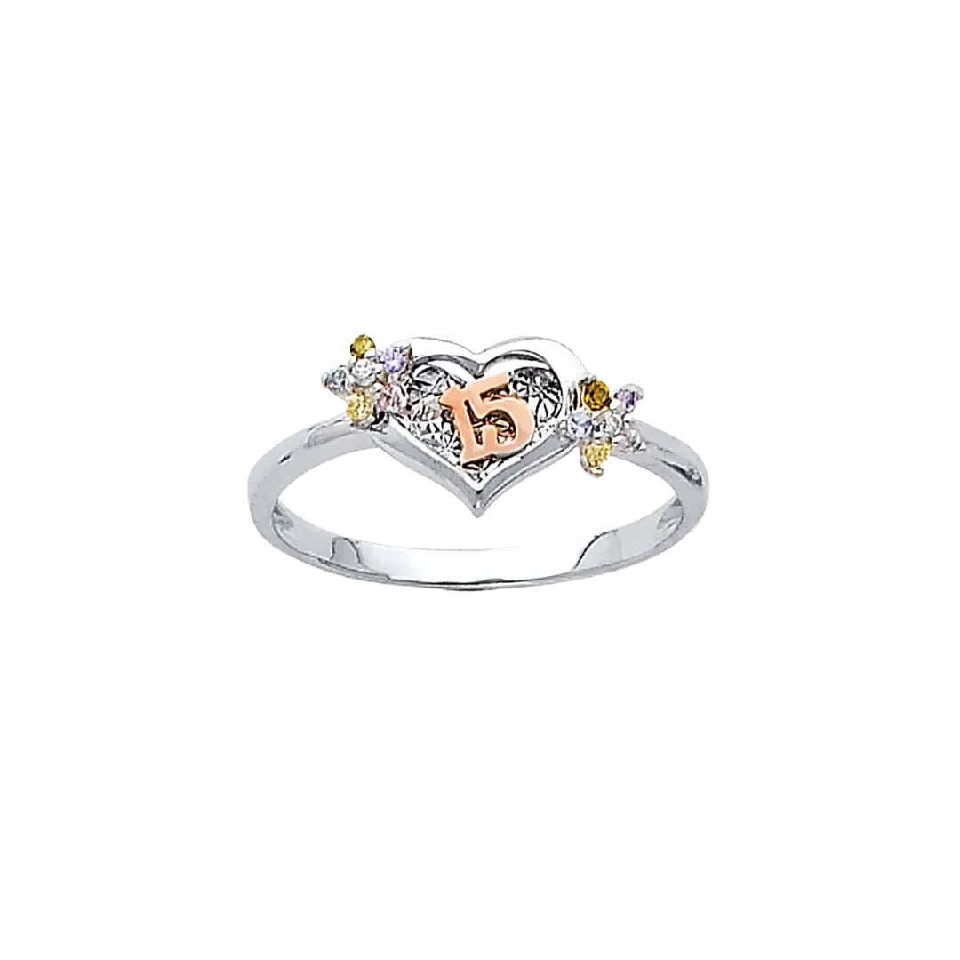 Quince Anos Heart with CZ Ring - 14k White Gold