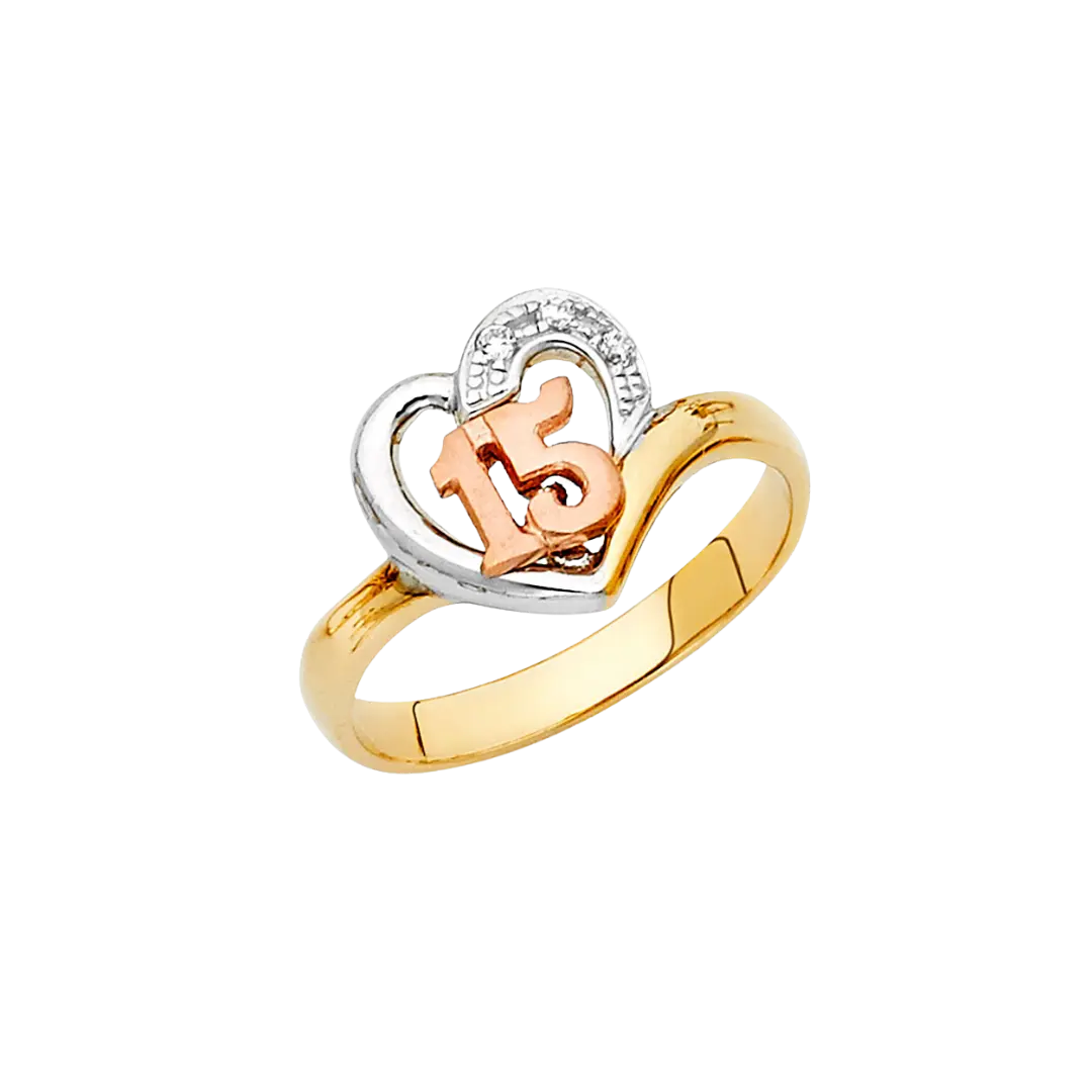 Quince Anos Heart with CZ Ring - 14k Tri Color Gold